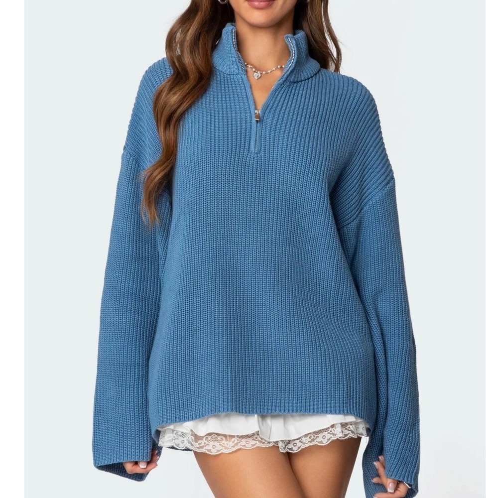 Edikted Women's Amour High Neck Pullover Quarter Zip Chunky Knit Sweater Blue S